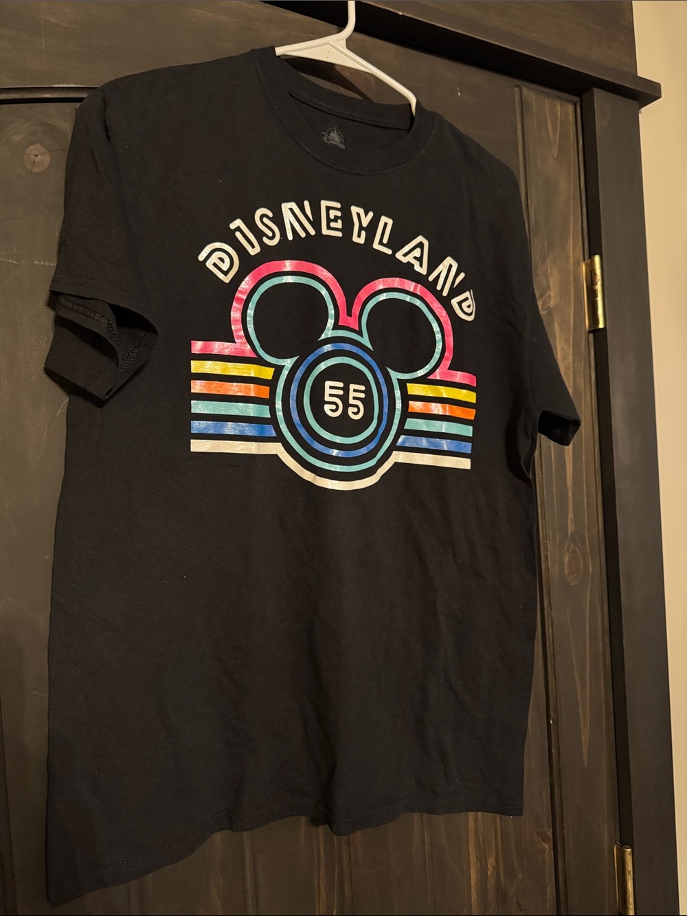 Disney Black Tee with Retro Rainbow Mickey 55 Logo
